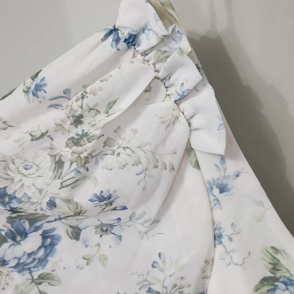 Altar'd State Fern Floral Mini Dress Ivory Blue Babydoll Puff Sleeve Cottagecore - Picture 7 of 14